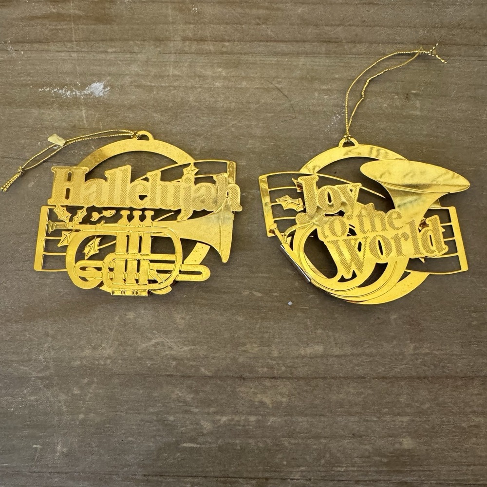 Lot of 2 Vintage Hallmark Brass Ornaments Musical Instruments Songs 1988